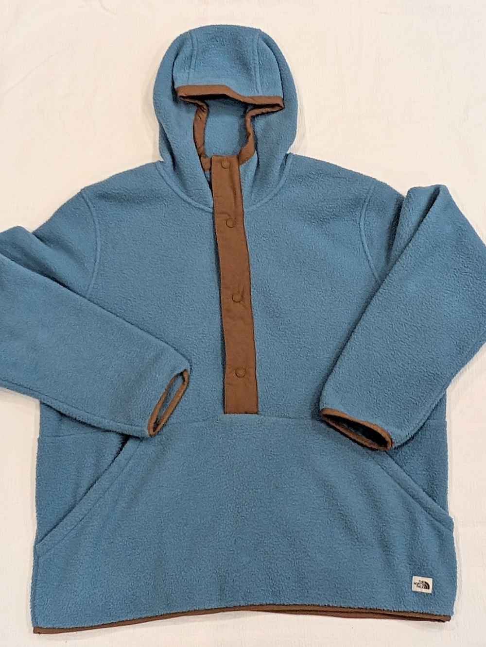 The North Face Carbondale Blue Brown Hooded Fleece Pullover Snap Jacket Mens XL